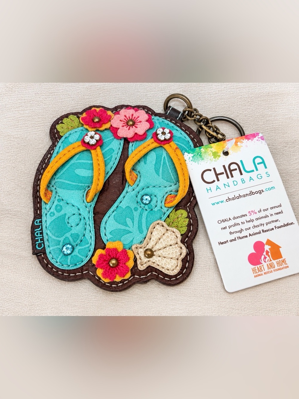 Chala Turquoise Flip-Flop Keychain with Yellow Straps and Floral Accents